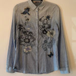 Desigual . Blue Embroidered Floral Bird Button Down Shirt Women's size Medium Photo 0