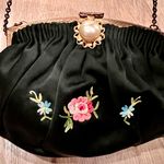 French Black Silk Embroidered with Pearl Buckle Evening Handbag Purse Vintage Photo 1