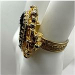 Vintage black and gold tone embroidered flower ring Photo 2