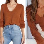 Something Navy V Neck Sweater Knit Wool Blend Rust Orange Brown Womens Small Photo 1