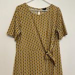 Ann Taylor Factory Faux Wrap Dress Mustard Navy Geometric Side Tie Fit & Flare L Photo 3