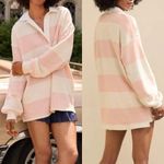 Aerie  Prep Rally Rugby Oversized Sweatshirt Striped Dusty Pink Collared Polo Photo 1