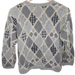 Vintage grey hand knit cotton ramie argyle patchwork grandpa sweater cardigan S Photo 2