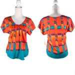 Calvin Klein Firecracker Blouse Small Orange Teal Short Sleeves New Photo 1