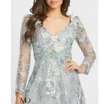 Mac Duggal Sequin Embellished Floral Lace V-Neck Long Sheer Sleeve Dress NEW Photo 2