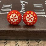 Vintage Handcrafted Red Floral Round Button Stainless Steel Earring Studs Photo 2