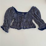 Free People  Britnee Print Smocked Floral Blue Women's Top Photo 3