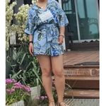 Lulus  Romper Palm Reader S Blue Tropical Print Button-Up Short Sleeve Photo 4