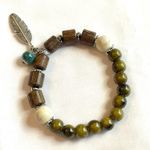 Olive Green Bracelet Silver Feather Charm Brown Turquoise Boho Ceramic Stretchy Photo 4