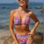 NWOT Colorblock Purple Orange Pink Stripe Floral Print Bikini Set Size Large Photo 1
