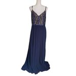 Fame and Partners Navy Grosgrain Piped Lace Bodice Evening Gown Women’s Size 14 Photo 1
