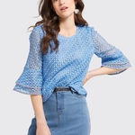 Draper James  Lattice Double Bell Sleeve‎ Blouse Top Blue Size 6 Photo 0