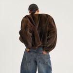 Monki Round Neck Drop Shoulder Cropped Faux Fur Jacket Dark Brown Photo 1