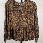 Leopard Peplum Blouse Long Sleeve Boho Chic Flowy Tiered Hem Top Women’s Small Brown Photo 0