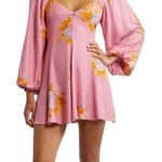 Free People  Francesca Mini Babydoll Coqette Dress Floral Pink Puff Long sleeve L Photo 0