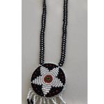 Vintage Native American Beaded Circle Medallion Leather Necklace Black Red 16” White Photo 5