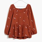 Madewell Amie Floral Embroidered Brown Floral Puff-Sleeve Peplum Top sz Medium Photo 2