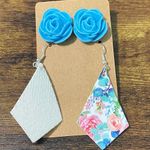 Statement Earring Set Bundle Rose Studs Floral Diamond Dangle Earrings Pink Blue Blue Photo 5