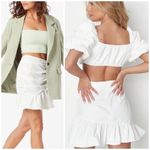 Missguided White Poplin Side Ruched Mini Skirt Flounce Ruffle Hem Size 14 XL Photo 5