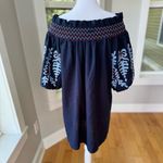 Rebellion Navy Blue Embroidered Cotton Off the Shoulder Loose Fit Shift Dress M Photo 6