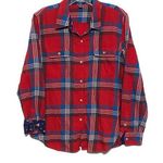 CHAPS Denim Red Blue Plaid Button Shirt Contrast Floral Flip Cuffs Womens L Photo 0