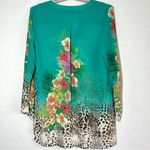 Soft Surroundings  Blouse L Teal Green Sheer Leopard Floral Flowers Pullover Top Photo 5