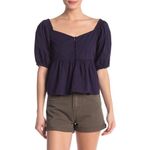 Free People  Veronica Puff Sleeve Off Shoulder Top NWT Cotton Navy Size L Photo 8