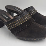 Van Eli Brown Suede Studded Clog Mules Heels Fringe Trim Slip On Women’s 9W Boho Size 9 Photo 0