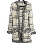 BKE Boutique Sweater Cardigan Size L Boho Fringe Pockets Striped Gray Size L Photo 0