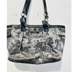  Grey Black Stage Coach Horse Printed Fabric Y2K Leather Tote Handbag Photo 0