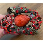 None Vintage Costume‎ Bracelet Unique Red Jewel Ribbon Spring Clasp Cuff Wearable Art Photo 1