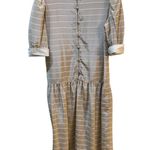 VTG Albert Nipon Dress Womens Drop Waist Beige Puff Sleeves Satin Striped Size 8 Tan Photo 0