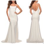 La Femme White Low V Back Jersey with Train Gown Dress 2 30458 Photo 1