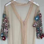 Sheer Embroidered Floral Kimono Duster S Cardigan Boho Crochet Trim Fringe Hem Tan Photo 3