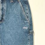 Obey  Juniper Embroidered Denim Midi Skirt Back Slit Embroidered Size 26 Photo 2