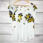Lucky Brand Linen Blend Yellow Rose White Floral Casual T-Shirt Top Size Large Photo 6