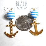 NWT Beach Chic Vacation Blue/White Beaded Gold Tone Anchor Dangle Hook Earrings Photo 1