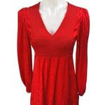 Maje Red Long Puff Sleeve V Neck Smocked Jacquard A Line Mini Dress Size L Photo 0