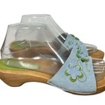 Sanita Danish Clogs Womens 9 Blue Green Suede Wood Heel Slide Sandals 3D Flowers Photo 0