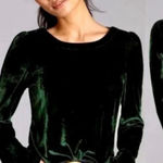 Anthropologie Velvet Crisscross Back Long Sleeve Holiday party Top Green bows Photo 0