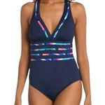 La Blanca  Painted Cross Back One Piece Swimsuit Size 14 Blue Tummy Control NWT Photo 0