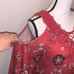 Time And Tru  red rum floral lace up open shoulder blouse Photo 2