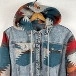 Aztec Denim‎ Jacket Hooded Western Print Raw Hem Oversized Womens 2XL Streetwear Blue Size XXL Photo 5