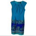 Venus Scallop Neck Sheath Midi Dress Teal Paisley Cap Sleeve Size 4 Professional Photo 1