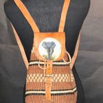 Brown Leather and Woven Backpack with African Theme Elephant Design Tan Photo 0