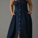 Maeve  by Anthropologie NWT Square Neck Linen Blend Navy Button‎ Front Midi Dress Photo 0