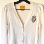 Le Lion Bow Heart Wool Cardigan Pearl Buttons Rhinestone Cream Small EUC Silver Photo 2