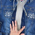 Vintage Blue Denim Jean Embroidered Cropped Hoodie Sweater Jacket Size L Photo 4