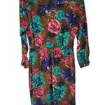 Vintage Olive Green Floral 100% Silk Faux Wrap Long Sleeve Dress with Belt Size 10 Photo 3