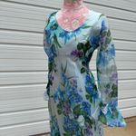 Vintage 70s Long Blue Floral Gown Avalon Classics Size 12 Maxi Long Sleeve Dress Photo 11